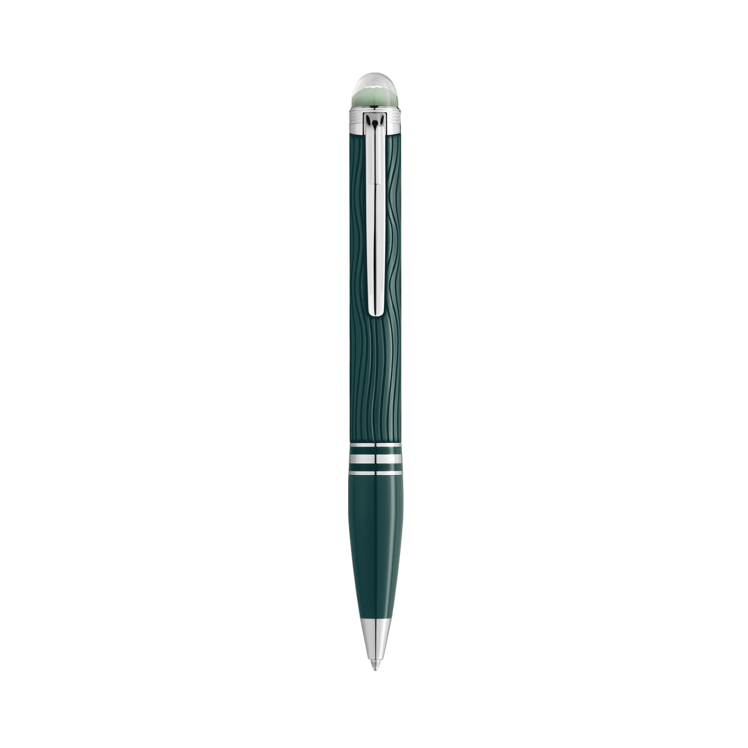 A Montblanc, StarWalker PolarGreen Precious Resin Ballpoint pen crafted in dark green precious resin with platinum-coated fittings and a transparent resin cap top that glows in low light.
