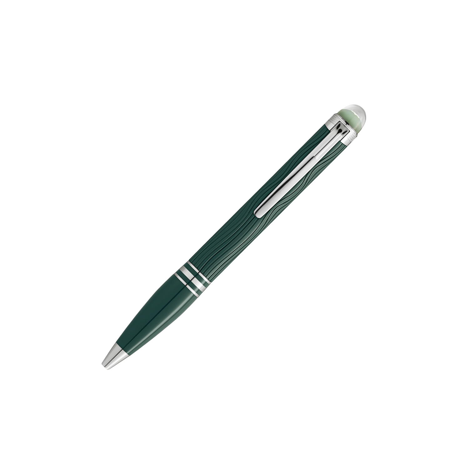 A Montblanc, StarWalker PolarGreen Precious Resin Ballpoint pen crafted in dark green precious resin with platinum-coated fittings and a transparent resin cap top that glows in low light.