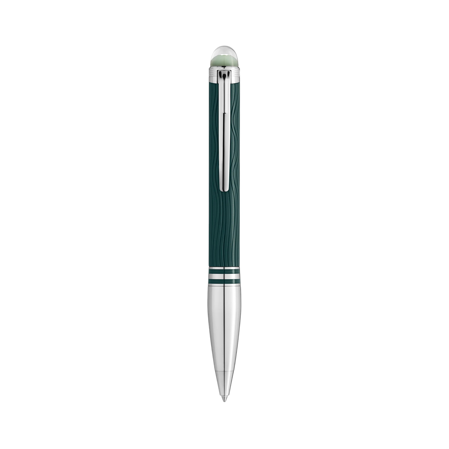 A Montblanc, StarWalker PolarGreen Doué Ballpoint pen crafted in dark green precious resin with platinum-coated fittings and a transparent resin cap top that glows in low light.