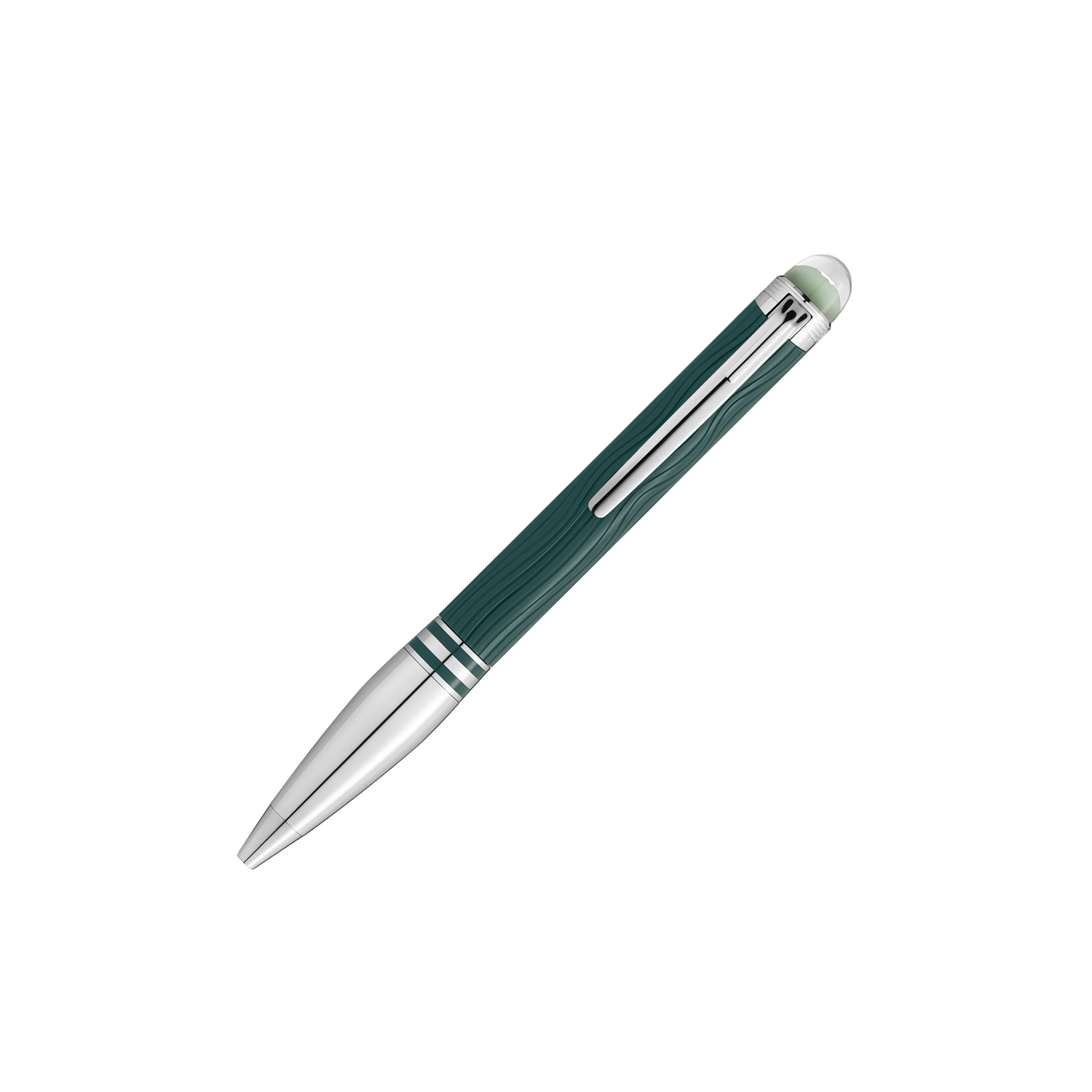 A Montblanc, StarWalker PolarGreen Doué Ballpoint pen crafted in dark green precious resin with platinum-coated fittings and a transparent resin cap top that glows in low light.