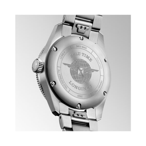 Longines, Spirit Zulu Time with a 39mm stainless steel case and bracelet strap with a GMT and date function featuring a black matte dial and bezel.