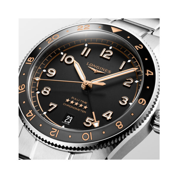 Longines, Spirit Zulu Time with a 39mm stainless steel case and bracelet strap with a GMT and date function featuring a black matte dial and bezel.