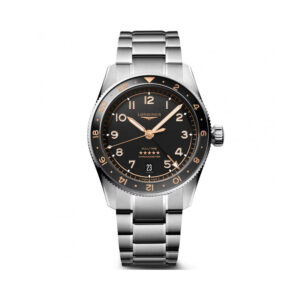 Longines, Spirit Zulu Time with a 39mm stainless steel case and bracelet strap with a GMT and date function featuring a black matte dial and bezel.