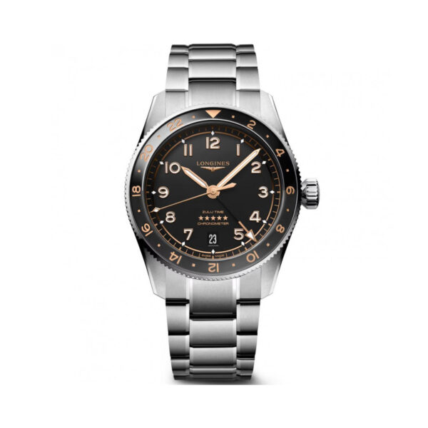 Longines, Spirit Zulu Time with a 39mm stainless steel case and bracelet strap with a GMT and date function featuring a black matte dial and bezel.