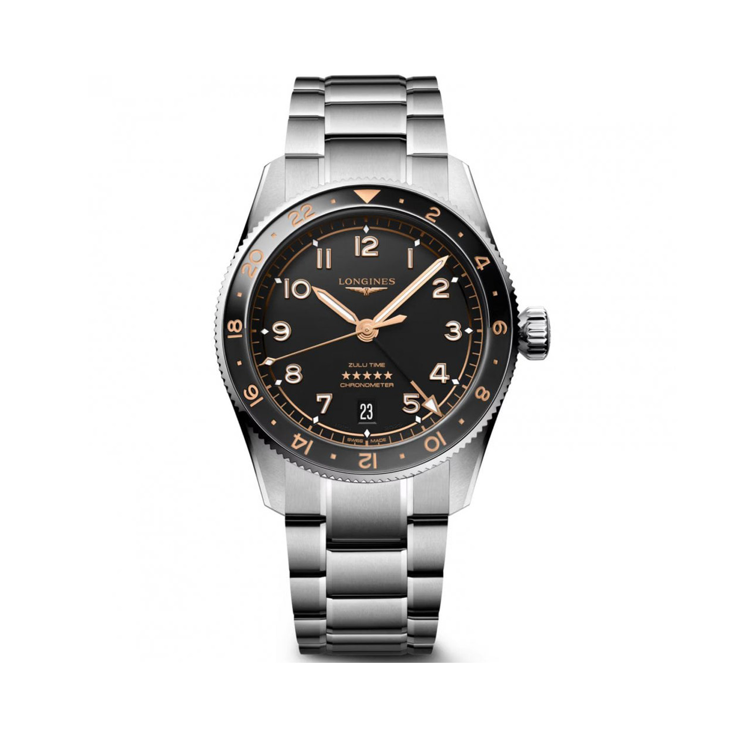 Longines, Spirit Zulu Time GMT Date, Automatic Men's Watch Longines, Spirit Zulu Time with a 39mm stainless steel case and bracelet strap with a GMT and date function featuring a black matte dial and bezel.