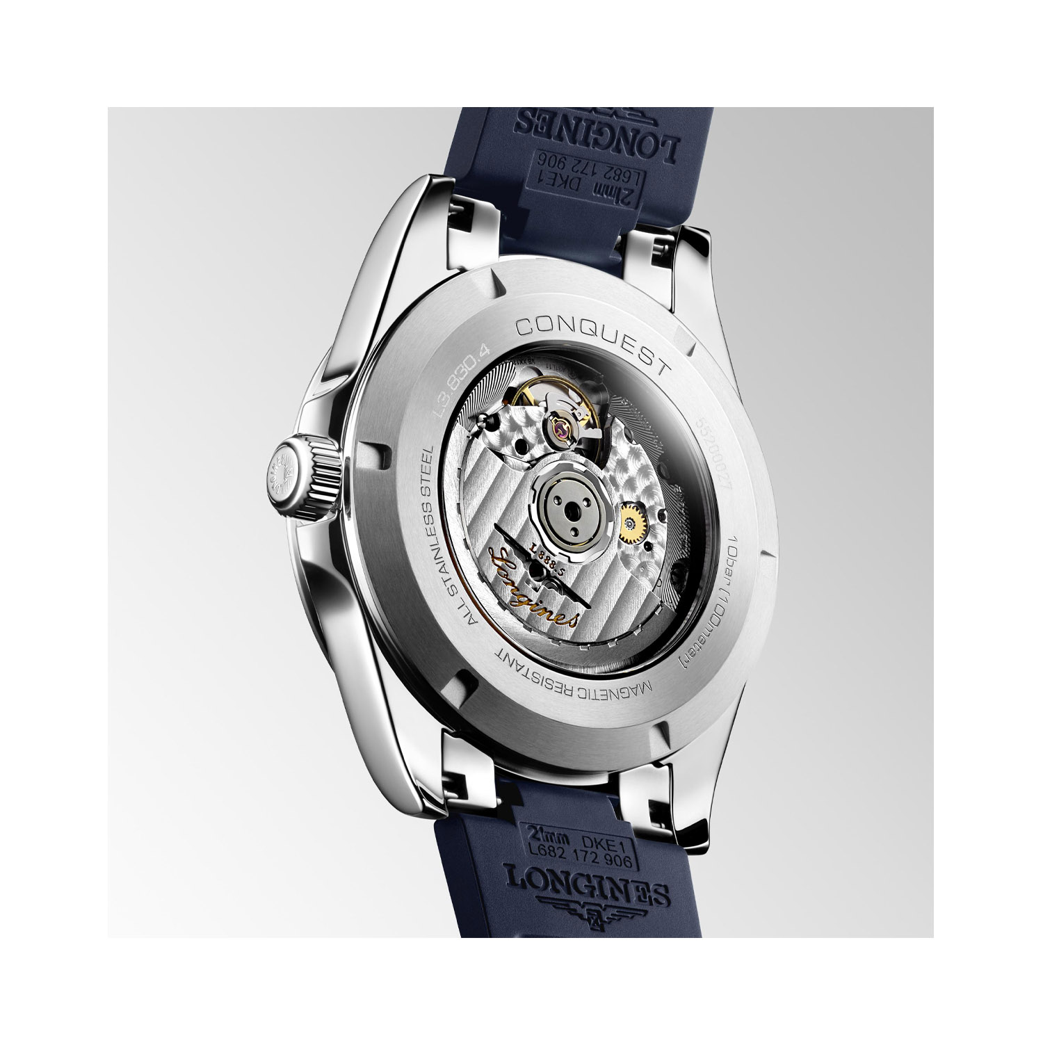 Longines, Conquest with a 41mm stainless steel case and a blue rubber strap featuring a date function and a blue dial.