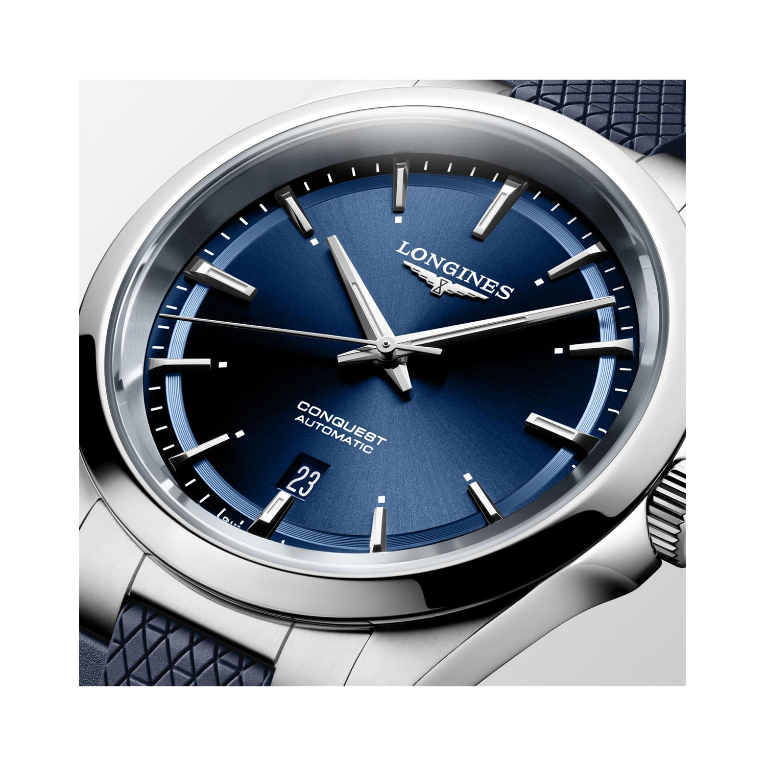 Longines, Conquest with a 41mm stainless steel case and a blue rubber strap featuring a date function and a blue dial.
