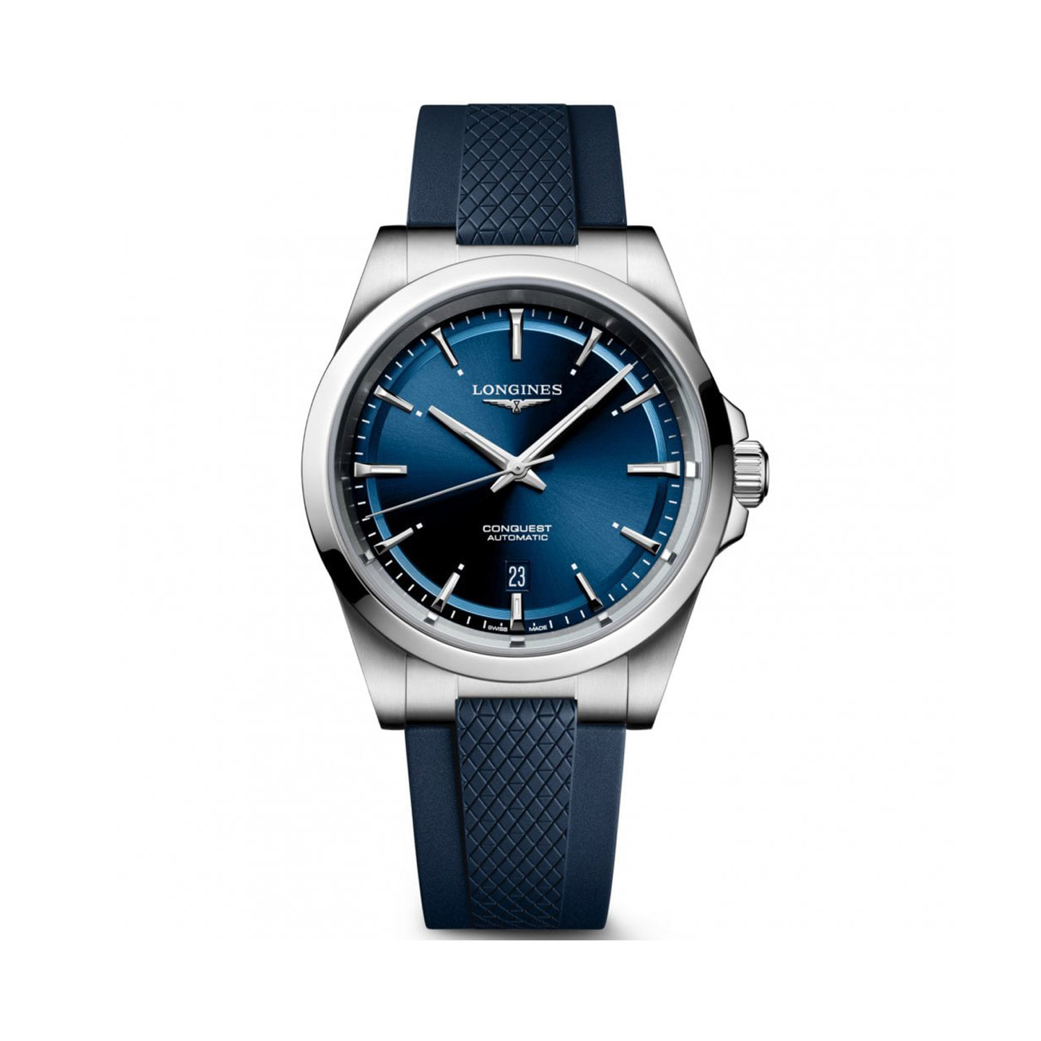 Longines, Conquest with a 41mm stainless steel case and a blue rubber strap featuring a date function and a blue dial.
