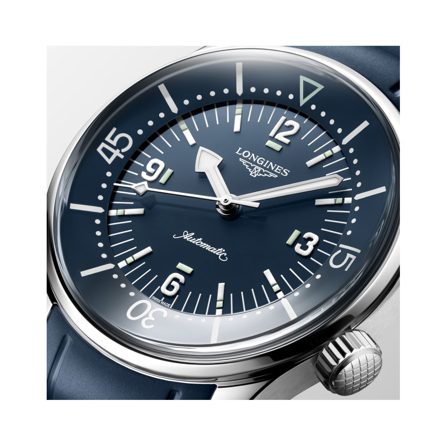 Longines, Legend Diver with a 39mm stainless steel case and a blue rubber strap featuring a blue dial.