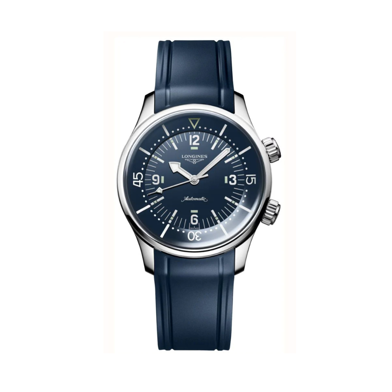 Longines, Legend Diver with a 39mm stainless steel case and a blue rubber strap featuring a blue dial.