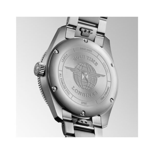 Longines, Spirit Zulu Time GMT Date with a 42mm stainless steel case and bracelet strap featuring a GMT and date function with an anthracite dial and blue bezel.