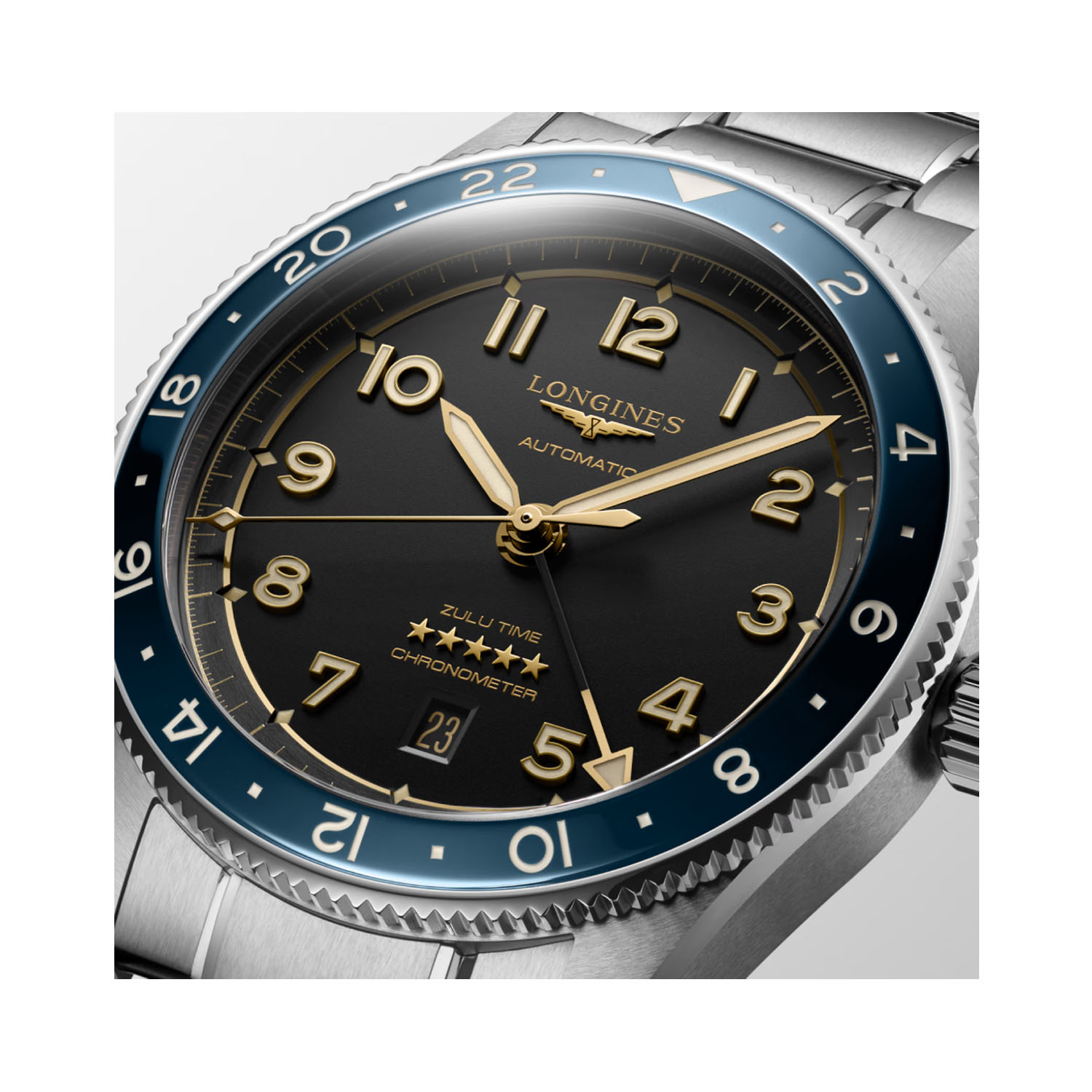 Longines, Spirit Zulu Time GMT Date with a 42mm stainless steel case and bracelet strap featuring a GMT and date function with an anthracite dial and blue bezel.