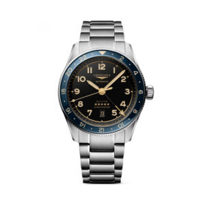 Longines, Spirit Zulu Time GMT Date with a 42mm stainless steel case and bracelet strap featuring a GMT and date function with an anthracite dial and blue bezel.