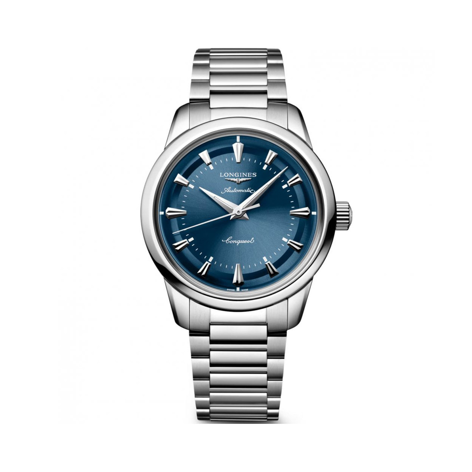 Longines, Conquest Heritage with a 38mm stainless steel case and bracelet strap featuring a blue dial.