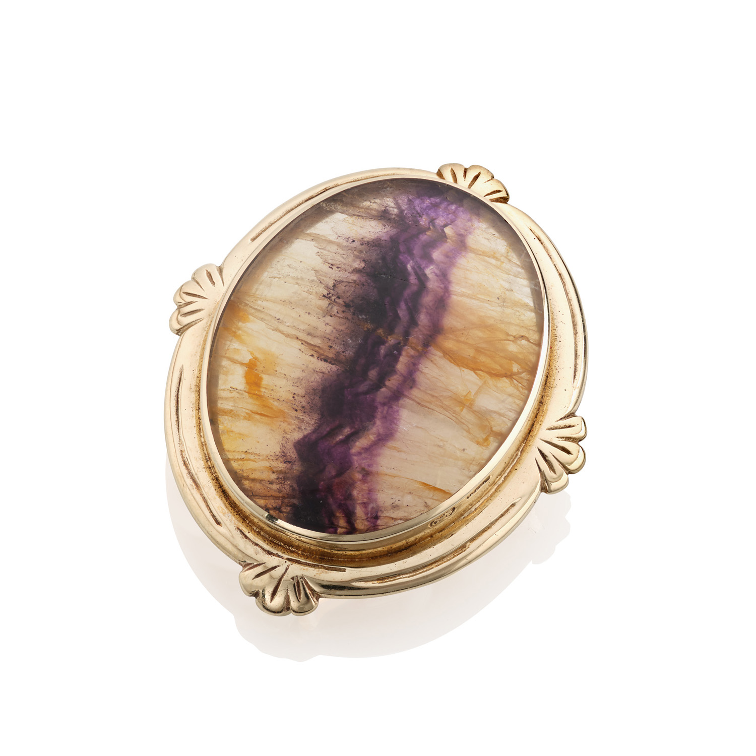 9ct Yellow Gold Large Oval Blue John Brooch A 9ct yellow gold large oval shaped Blue John brooch. Hallmarked Sheffield 1989.