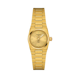 Tissot, PRX with a 25mm yellow gold PVD coated stainless steel case and bracelet strap featuring a champagne coloured dial.