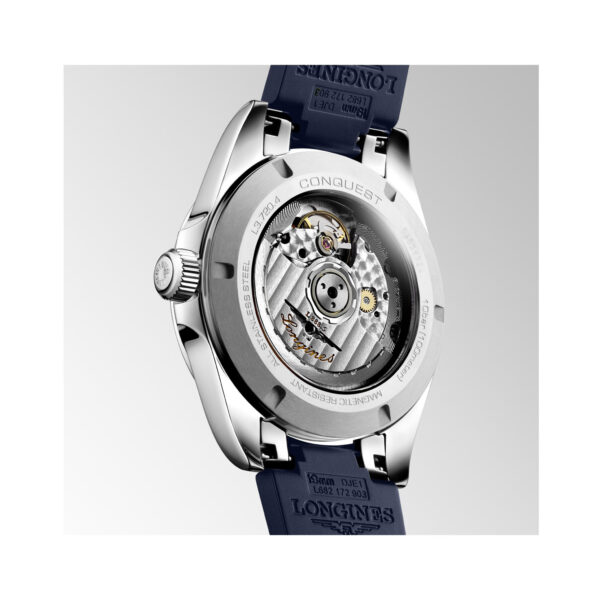 Longines, Conquest with a 38mm stainless steel case and blue rubber strap featuring a date function and a blue dial.