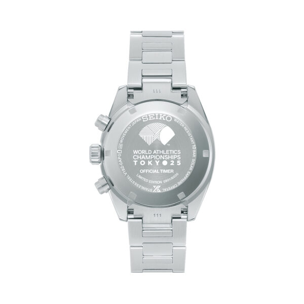 Seiko, Prospex Speedtimer 2025 Tokyo World Athletics Championships Limited Edition with a 39mm stainless steel case and bracelet strap featuring a date function and a three dial chronograph on a purple dial.