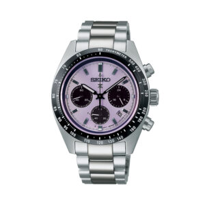 Seiko, Prospex Speedtimer 2025 Tokyo World Athletics Championships Limited Edition with a 39mm stainless steel case and bracelet strap featuring a date function and a three dial chronograph on a purple dial.