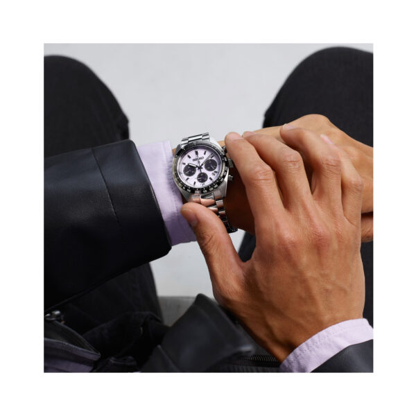 Seiko, Prospex Speedtimer 2025 Tokyo World Athletics Championships Limited Edition with a 39mm stainless steel case and bracelet strap featuring a date function and a three dial chronograph on a purple dial.