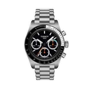 Tissot, PR516 with a 41mm stainless steel case and bracelet strap featuring a chronograph with a black dial and black and white bezel.