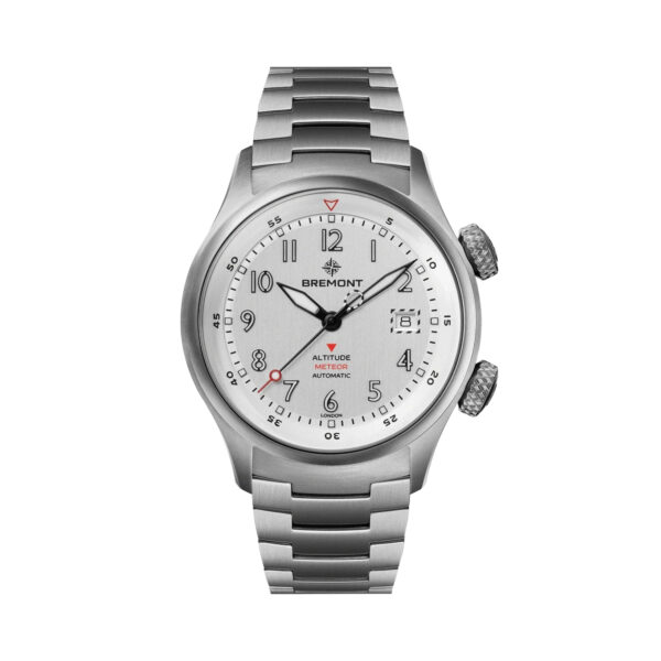 Bremont, Altitude MB Meteor with a 42mm titanium case and bracelet strap featuring a date function and a silver dial.