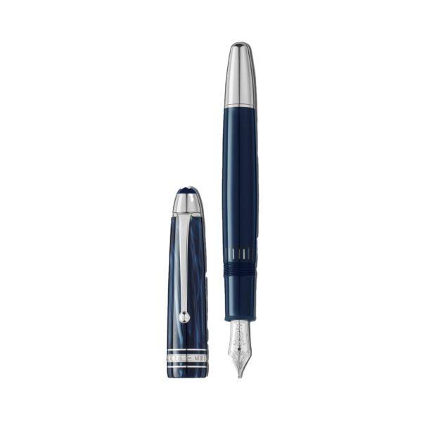 A Montblanc, Meisterstück The Origin Collection LeGrand Fountain Pen crafted in blue precious resin with platinum coated fittings featuring a rhodium-coated solid gold nib displaying the number 100 and the years 1924 and 2024.
