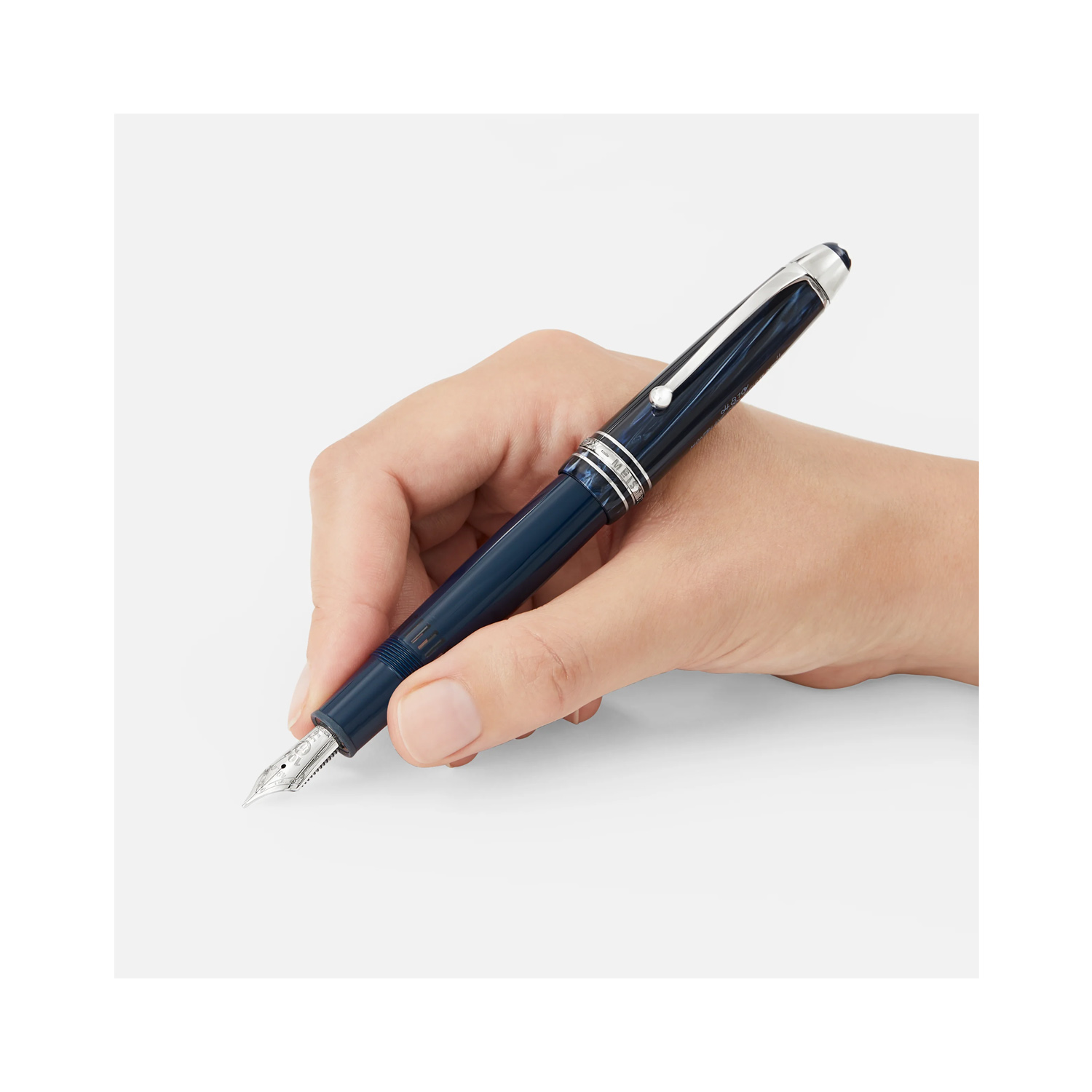 Montblanc, Meisterstück The Origin Collection LeGrand Fountain Pen A Montblanc, Meisterstück The Origin Collection LeGrand Fountain Pen crafted in blue precious resin with platinum coated fittings featuring a rhodium-coated solid gold nib displaying the number 100 and the years 1924 and 2024.