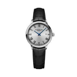 Raymond Weil, Toccata with a 29mm stainless steel case and a black leather strap featuring a date function and a silver dial.