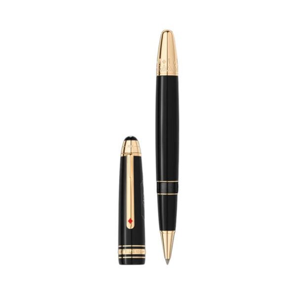 A Montblanc, Meisterstück Around the World in 80 Days LeGrand Rollerball pen crafted in anthracite precious resin and a clip featuring a red laquered heart.