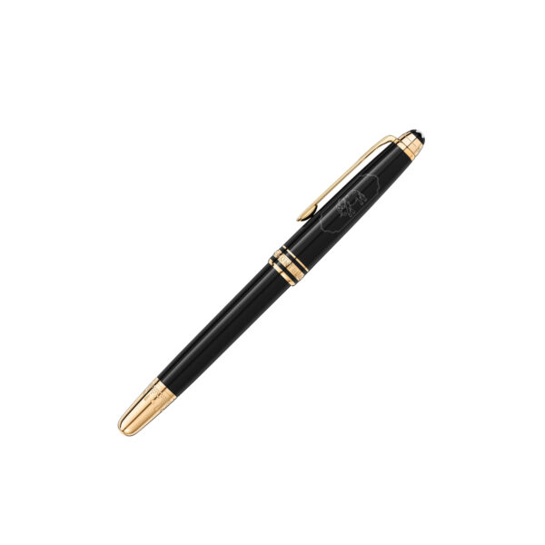 A Montblanc, Meisterstück Around The World In 80 Days Classique Rollerball pen crafted in anthracite precious resin and a clip featuring a red laquered heart.