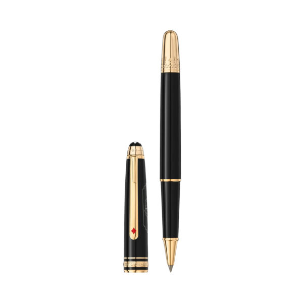 A Montblanc, Meisterstück Around The World In 80 Days Classique Rollerball pen crafted in anthracite precious resin and a clip featuring a red laquered heart.