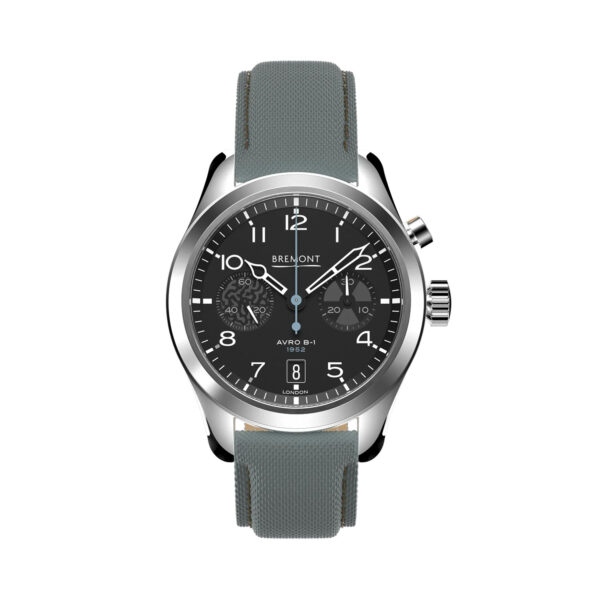 Bremont, Vulcan Limited Edition with a 42mm stainless steel case supplied with two sailcloth straps, one in blue and one in camoflage colours featuring a date function and chronograph on black metal dial.