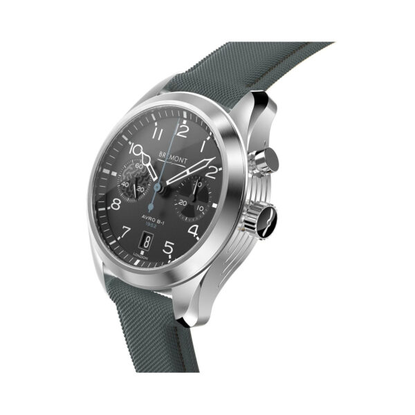 Bremont, Vulcan Limited Edition with a 42mm stainless steel case supplied with two sailcloth straps, one in blue and one in camoflage colours featuring a date function and chronograph on black metal dial.