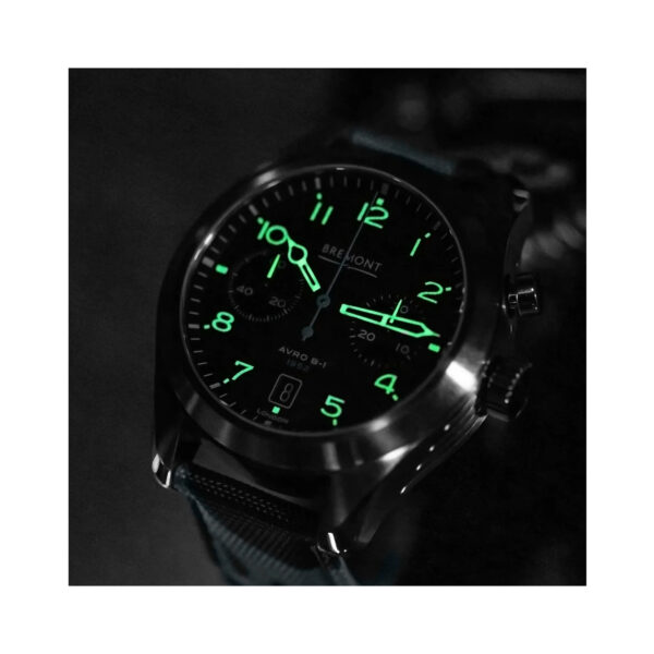 Bremont, Vulcan Limited Edition with a 42mm stainless steel case supplied with two sailcloth straps, one in blue and one in camoflage colours featuring a date function and chronograph on black metal dial.