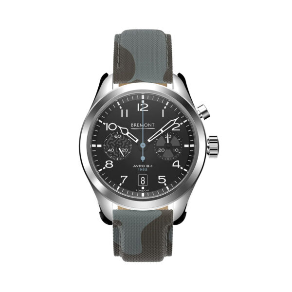 Bremont, Vulcan Limited Edition with a 42mm stainless steel case supplied with two sailcloth straps, one in blue and one in camoflage colours featuring a date function and chronograph on black metal dial.