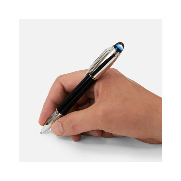 A Montblanc, StarWalker Doué Fineliner pen crafted in black precious resin with a platinum-coated cap and fittings and a blue transluscent dome with the Montblanc emblem.