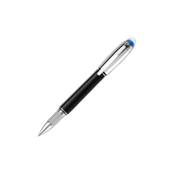A Montblanc, StarWalker Doué Fineliner pen crafted in black precious resin with a platinum-coated cap and fittings and a blue transluscent dome with the Montblanc emblem.