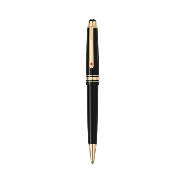 A Montblanc, Meisterstück Around The World In 80 Day Midsize Ballpoint pen crafted in anthracite precious resin and a clip featuring a red laquered diamond.