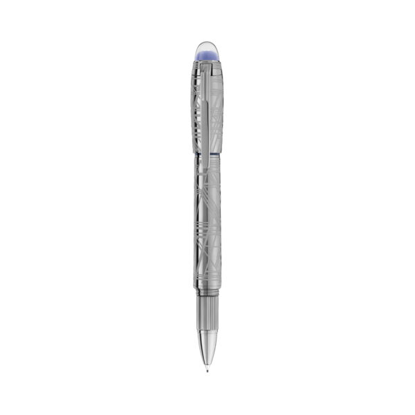 A Montblanc, StarWalker SpaceBlue Metal Fineliner pen with all metal parts coated in dark ruthenium with a deep space blue subdome on the cap top.