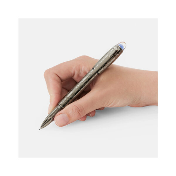 A Montblanc, StarWalker SpaceBlue Metal Fineliner pen with all metal parts coated in dark ruthenium with a deep space blue subdome on the cap top.