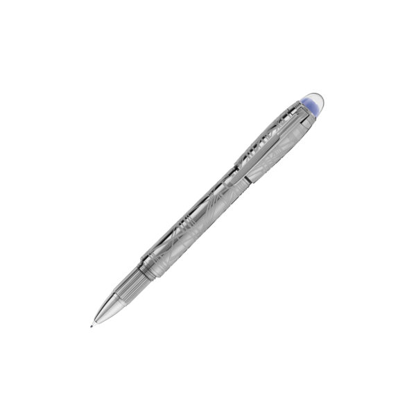 A Montblanc, StarWalker SpaceBlue Metal Fineliner pen with all metal parts coated in dark ruthenium with a deep space blue subdome on the cap top.