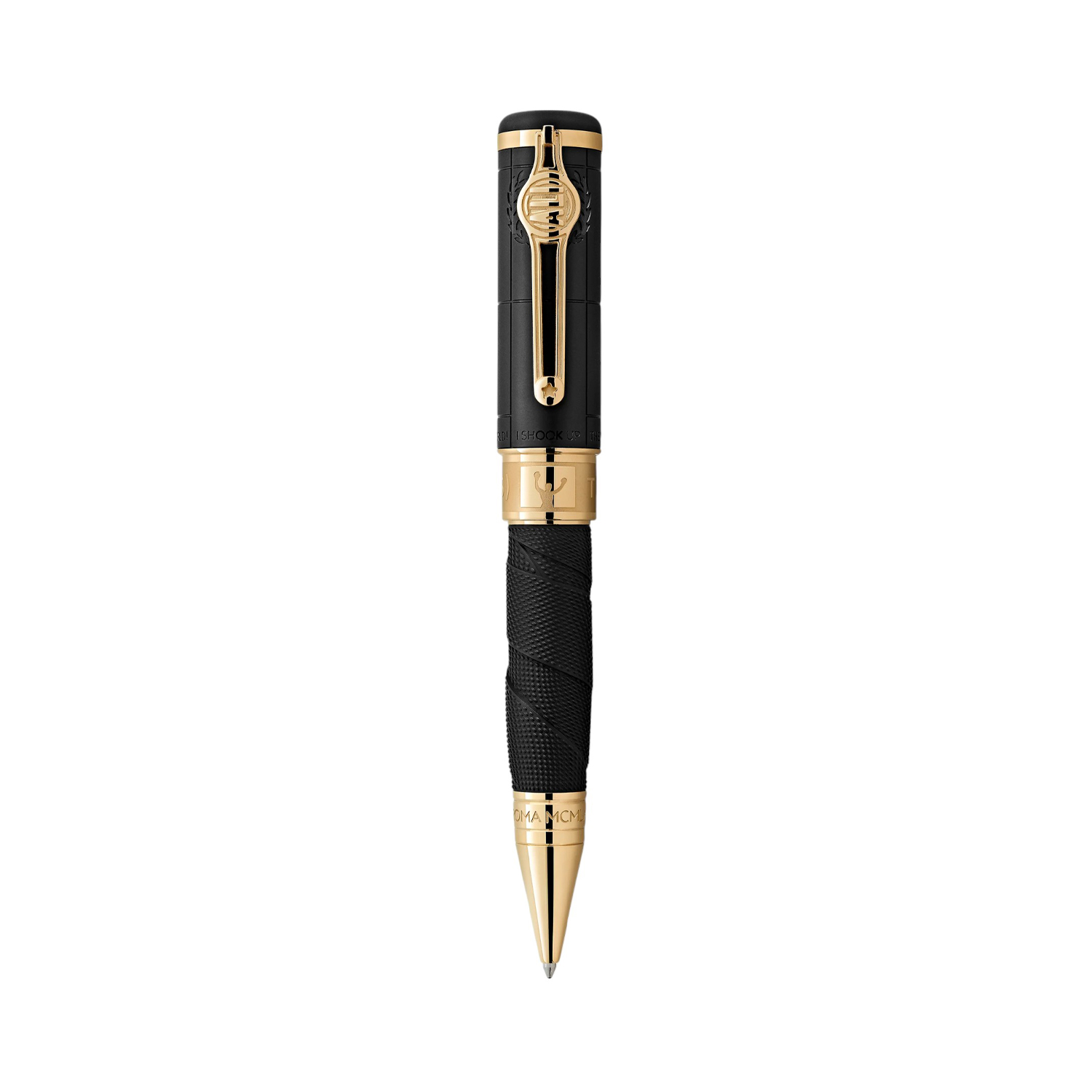 Montblanc, Great Characters Muhammad Ali Special Edition Ballpoint crafted in black precious resin with a clip is shaped like a boxing championship belt and a cap featuring various boxing design elements.