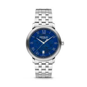 Montblanc, Tradition with a 40mm stainless steel case and bracelet strap featuring a date function and a blue patterned dial.