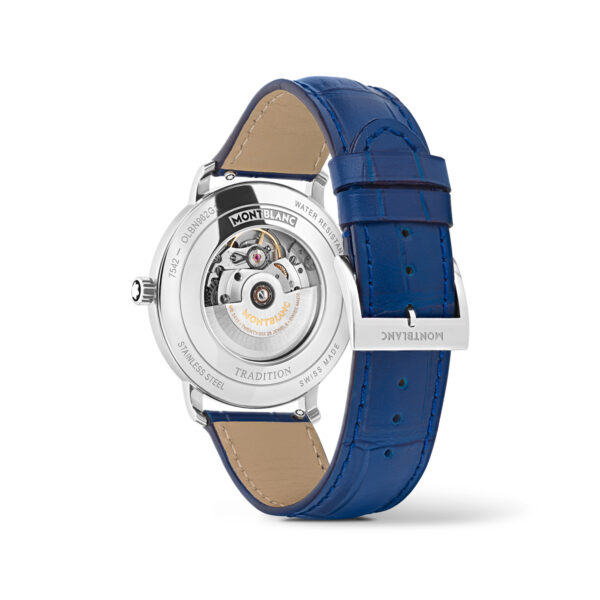 Montblanc, Tradition with a 40mm stainless steel case and a blue leather strap featuring a date function and a blue patterned dial.