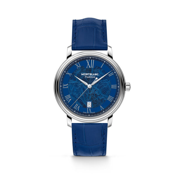 Montblanc, Tradition with a 40mm stainless steel case and a blue leather strap featuring a date function and a blue patterned dial.
