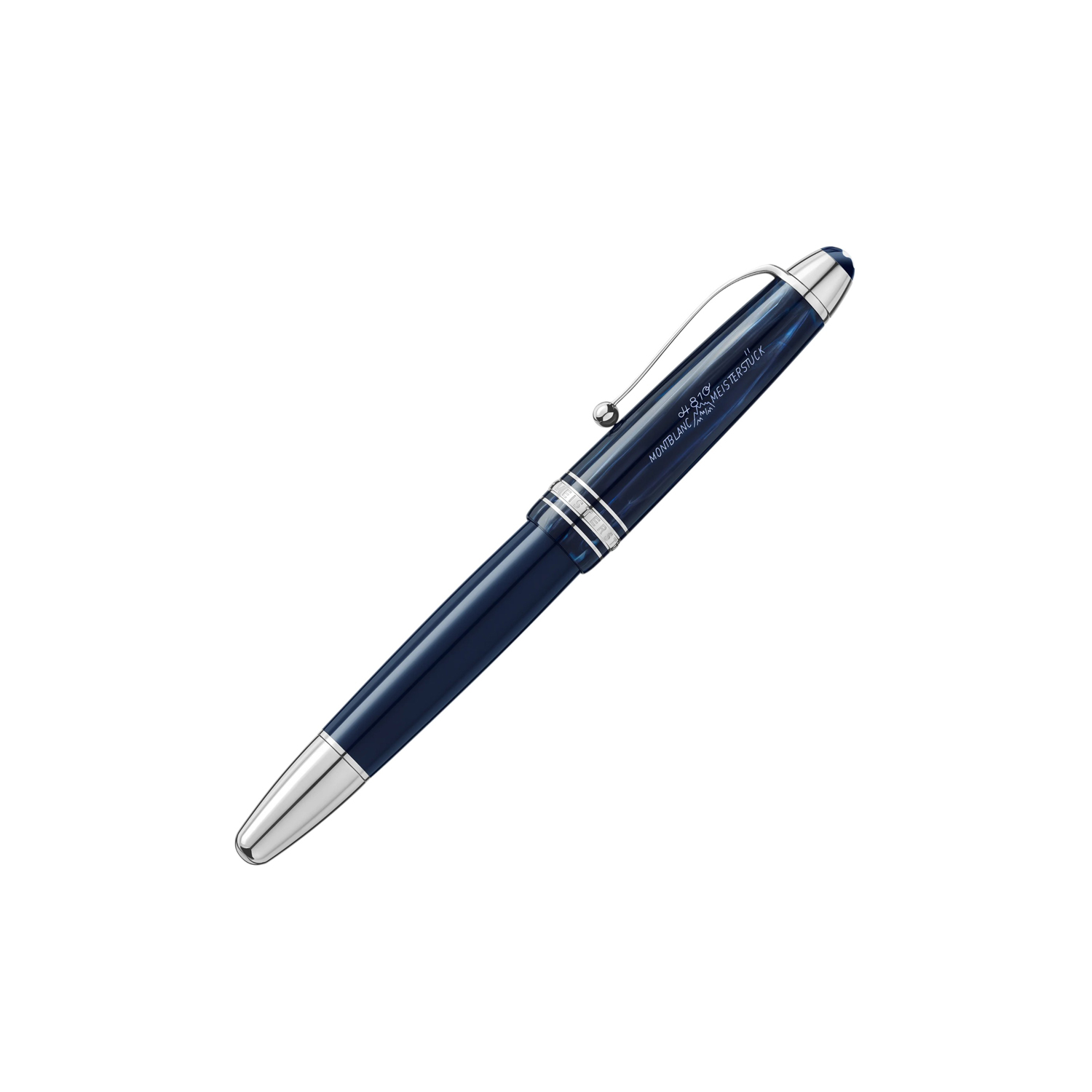 A Montblanc, Meisterstück The Origin Collection LeGrand Rollerball pen crafted in blue precious resin featuring platinum-coated fittings and clip.