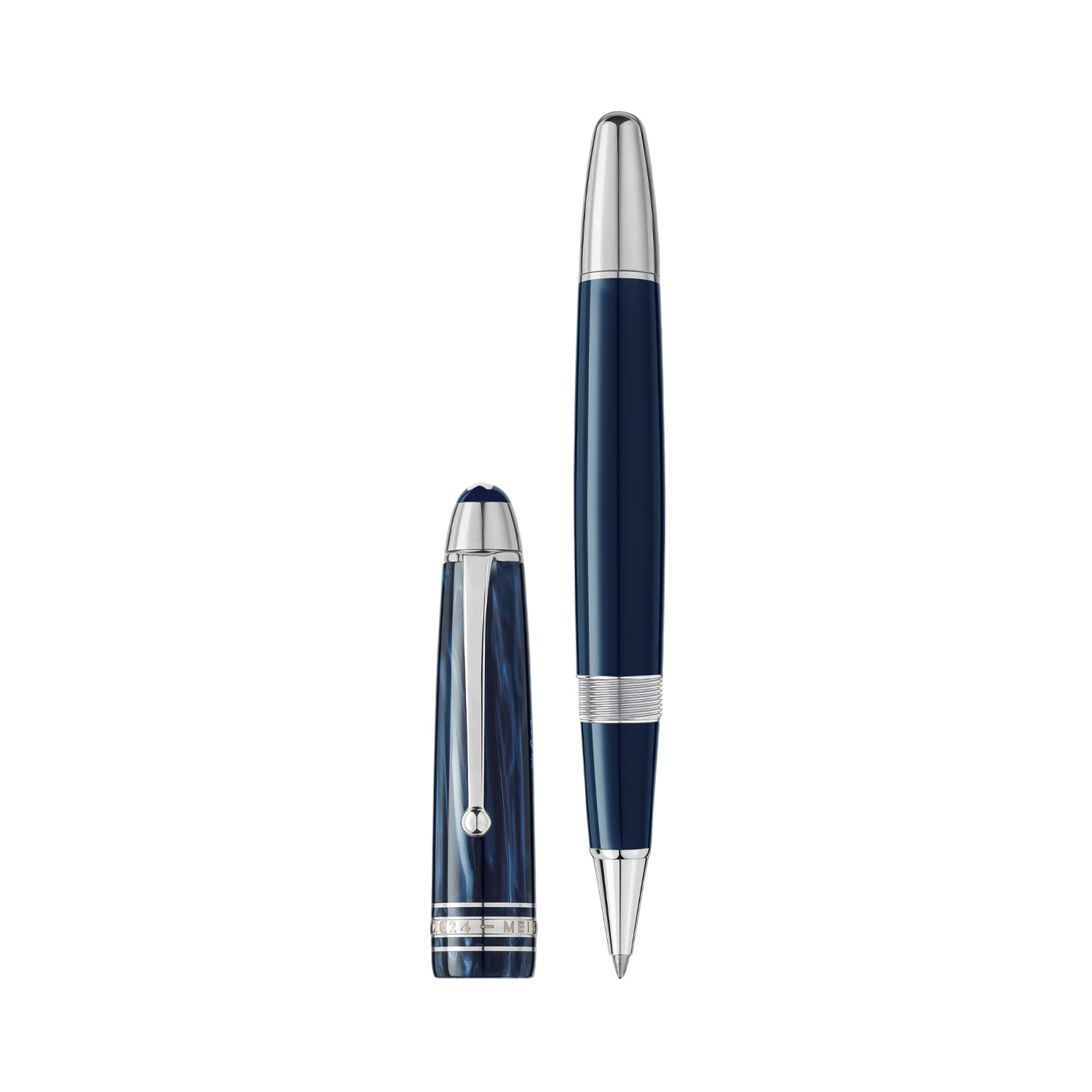 A Montblanc, Meisterstück The Origin Collection LeGrand Rollerball pen crafted in blue precious resin featuring platinum-coated fittings and clip.