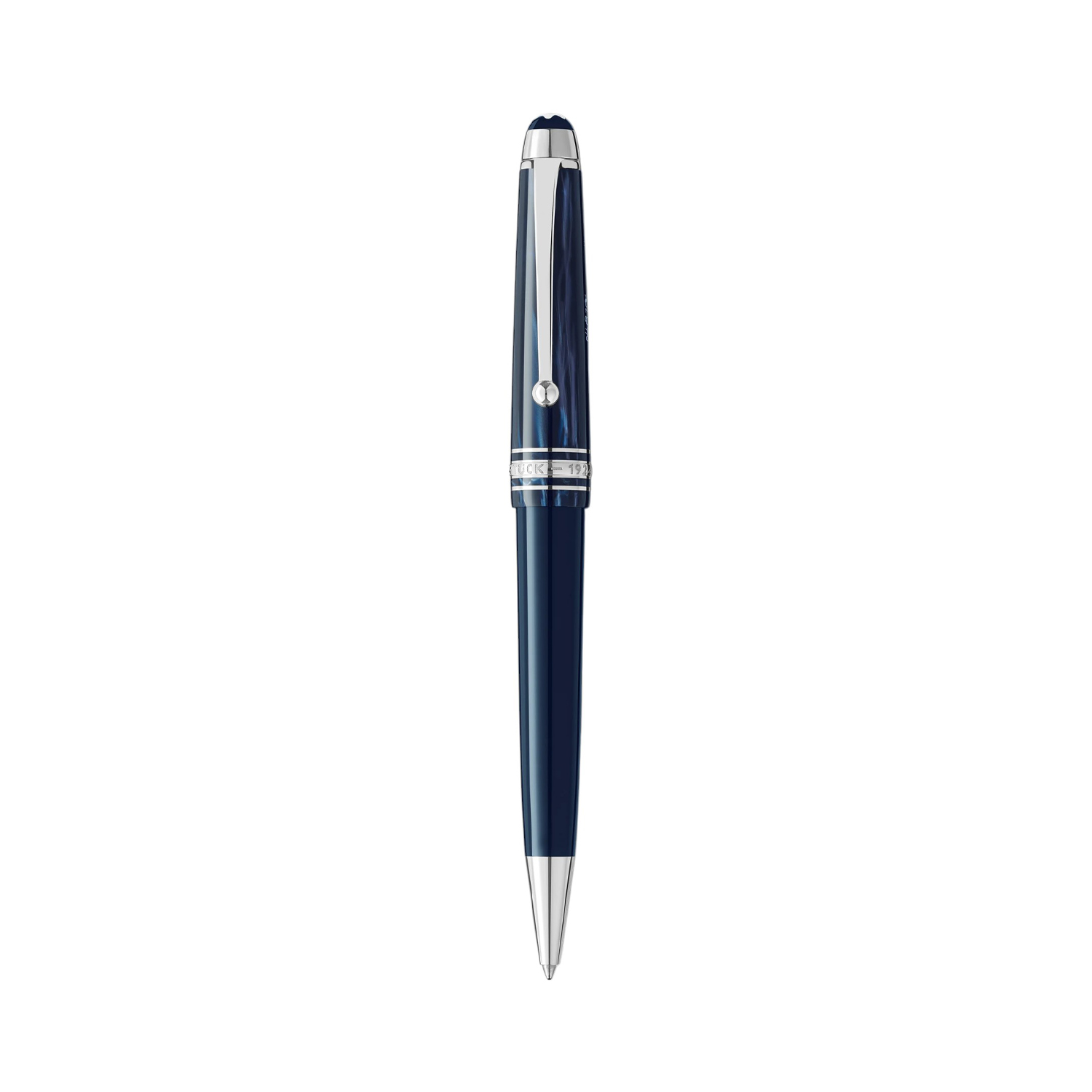 A Montblanc, Meisterstück The Origin Collection Midsize Ballpoint pen crafted in blue precious resin featuring platinum-coated fittings and clip.