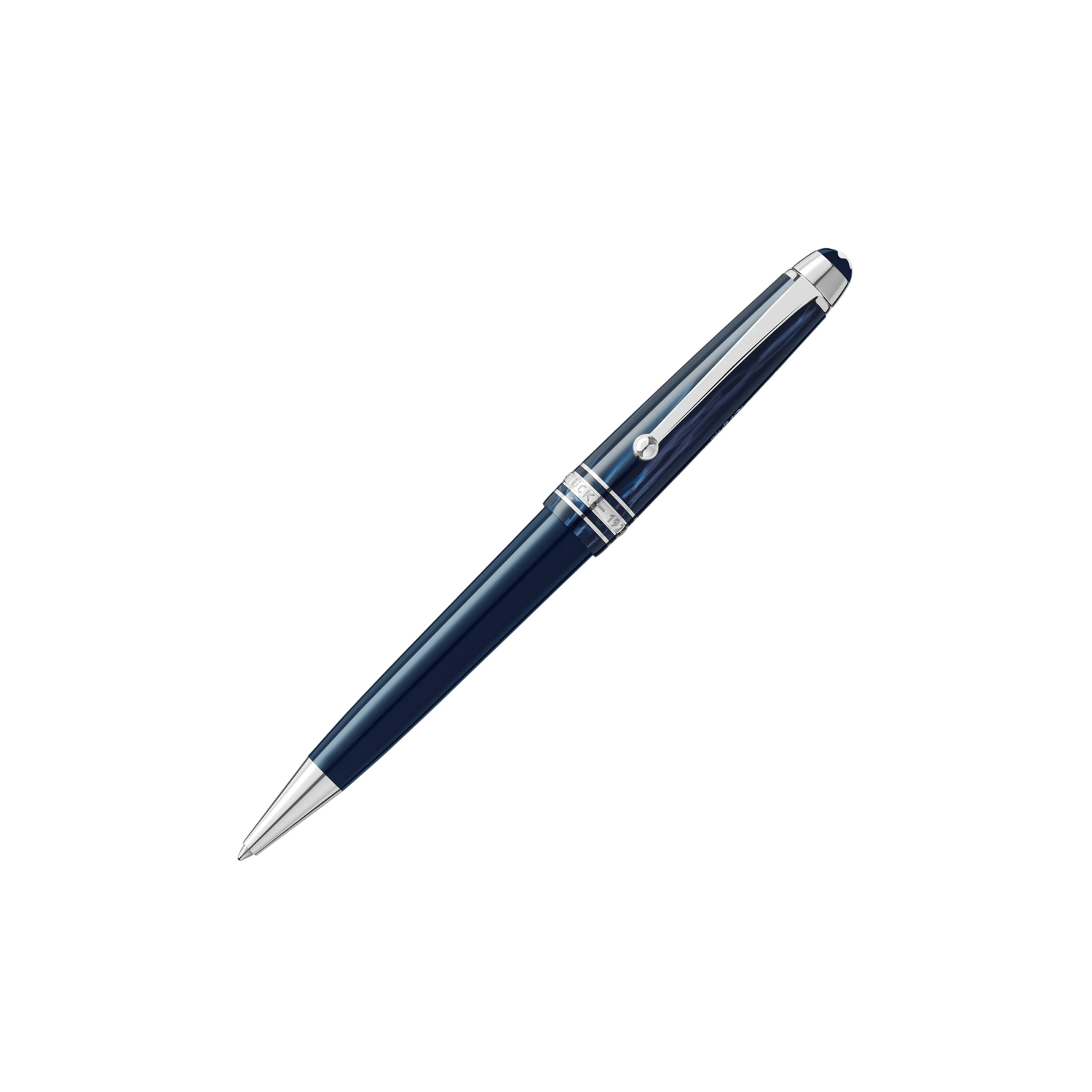 A Montblanc, Meisterstück The Origin Collection Midsize Ballpoint pen crafted in blue precious resin featuring platinum-coated fittings and clip.